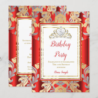 RED Gold Damask Gray Tiara Birthday Party Invitation