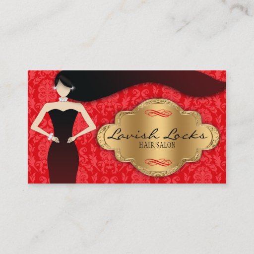 Customizable Red Gold Damask Hair Stylist Salon Business Card Template