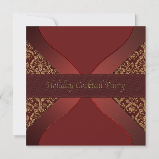 Red & Gold Damask Holiday Cocktail Party Invitatio Invitation (Front)