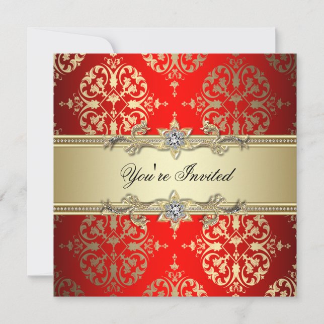 Red Gold Damask Party Invitation (Front)
