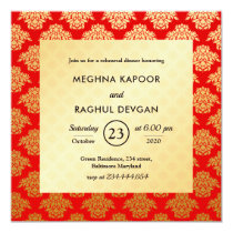 Red Gold Damask Pattern Indian Rehearsal Dinner Invitation