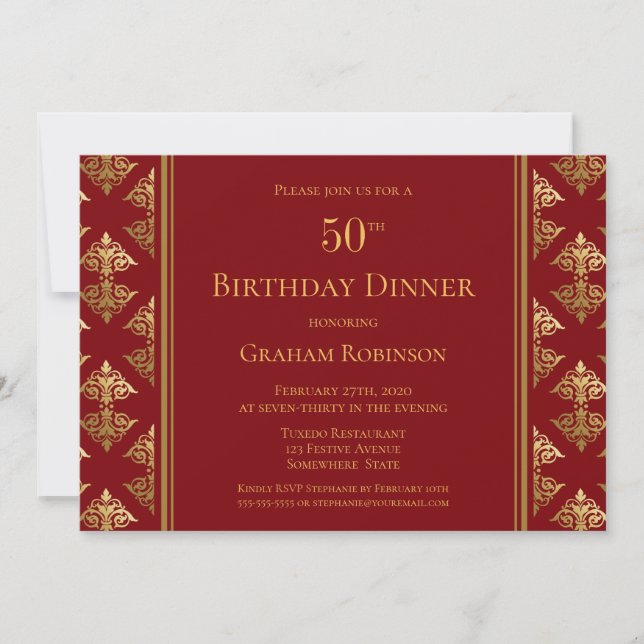 Red Gold Damask Patterned 50th Birthday Dinner Invitation (Front)