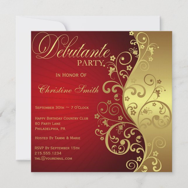 Red &  Gold Debutante Party Invitation (Front)