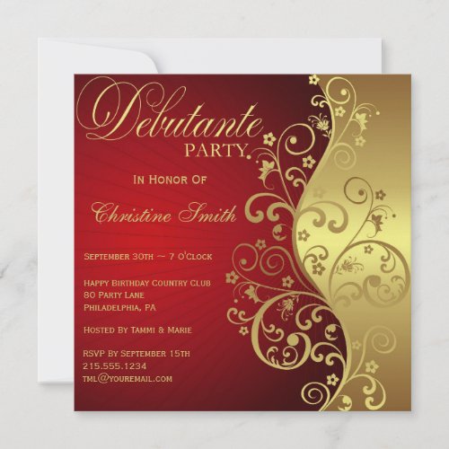 Red &amp;  Gold Debutante Party Invitation