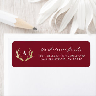 Red & Gold Deer Antlers Christmas Return Address Label