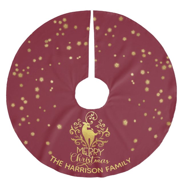 Red Gold Deer Merry Christmas  Brushed Polyester Tree Skirt (Front)