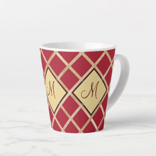 Red Gold Diamond Geometric Pattern Monogram Latte Mug