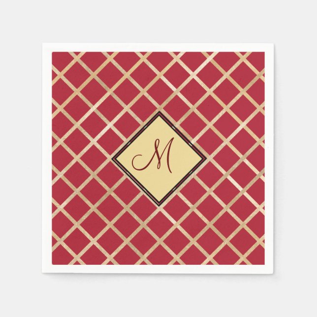 Red Gold Diamond Geometric Pattern Monogram Napkins (Front)