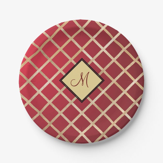 Red Gold Diamond Geometric Pattern Monogram Paper Plates (Front)