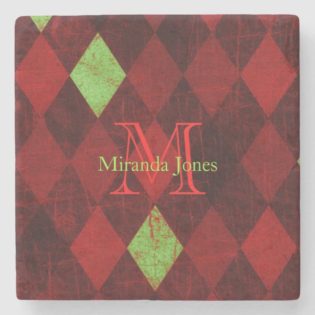 Red Gold Diamond Pattern Monogram Stone Coaster (Front)