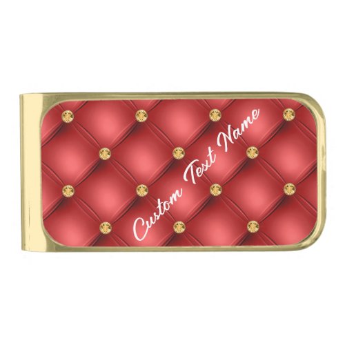 Red Gold Diamond Tufted Custom Text Money Clip