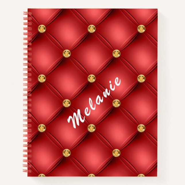 Red Gold Diamond Tufted Custom Text Notebook (Front)