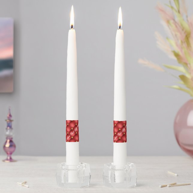 Red Gold Diamond Tufted Custom Text Taper Candle (In Situ)