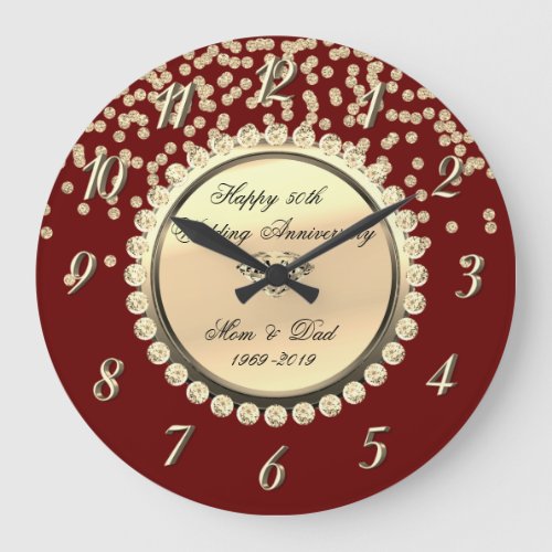 Red Gold Diamonds 25th Wedding Anniversary Large Clock