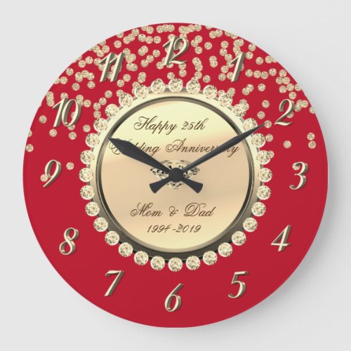 Red Gold Diamonds 25th Wedding Anniversary Large Clock