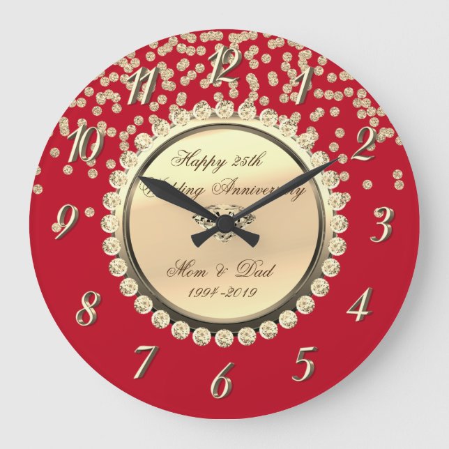 Red Gold Diamonds 25th Wedding Anniversary Large Clock (Front)