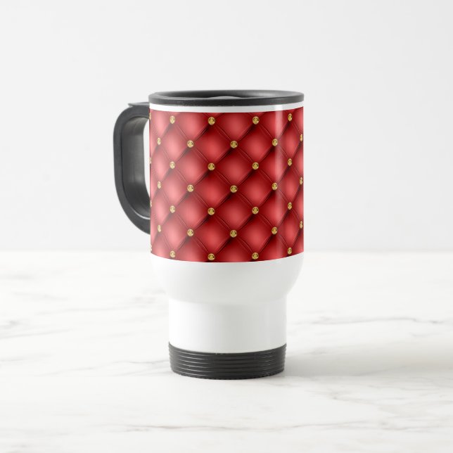 Red Gold Diamonds Tufted Travel Mug (Front Left)
