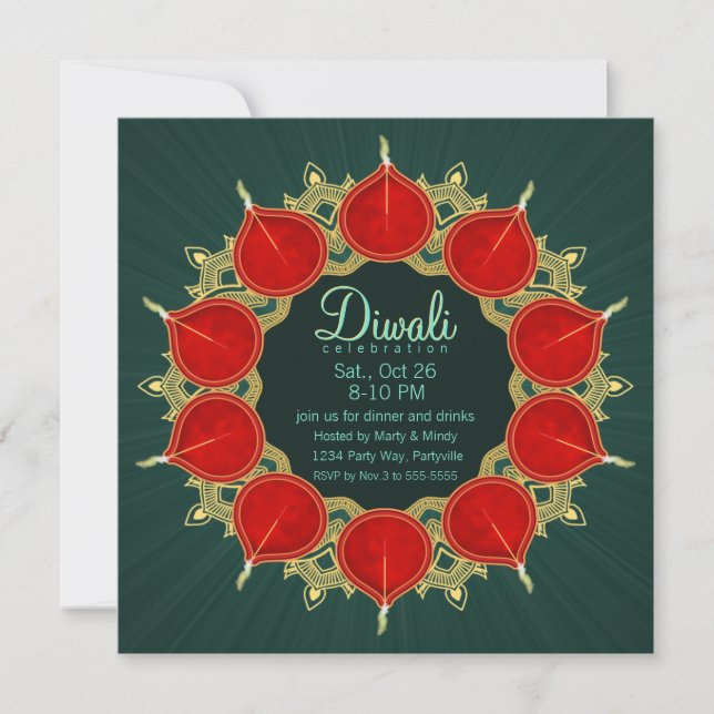 Red & Gold Diyas Mandala Diwali on Teal Invitation (Front)