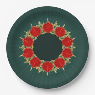 Red & Gold Diyas Mandala Diwali on Teal Paper Plates