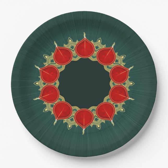 Red & Gold Diyas Mandala Diwali on Teal Paper Plates (Front)