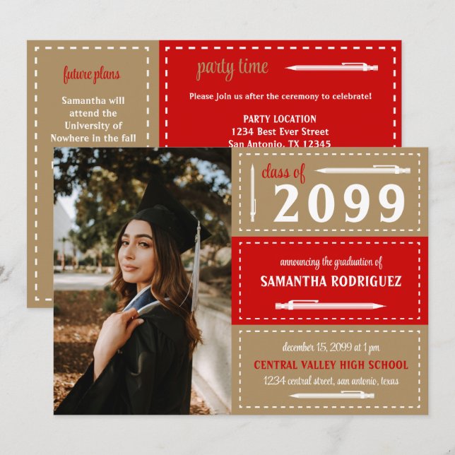 Red & Gold Dotted Boxes and Pencils Graduation Invitation (Front/Back)