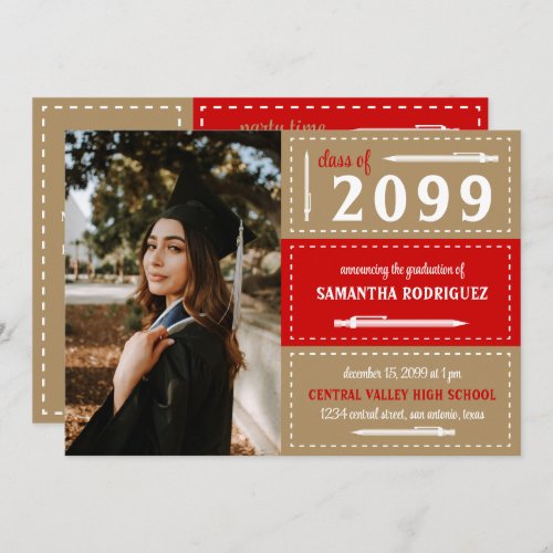 Red  Gold Dotted Boxes and Pencils Graduation Invitation