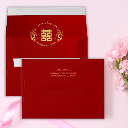 Red gold double happiness floral chinese wedding envelope