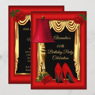 Red Gold Drapes High Heels Roses Birthday Party Invitation