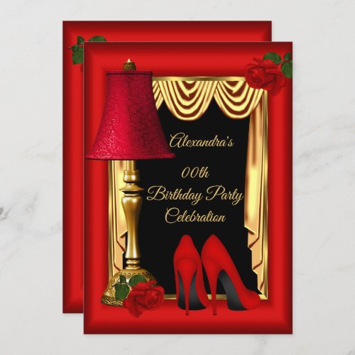Red Gold Drapes High Heels Roses Birthday Party Invitation