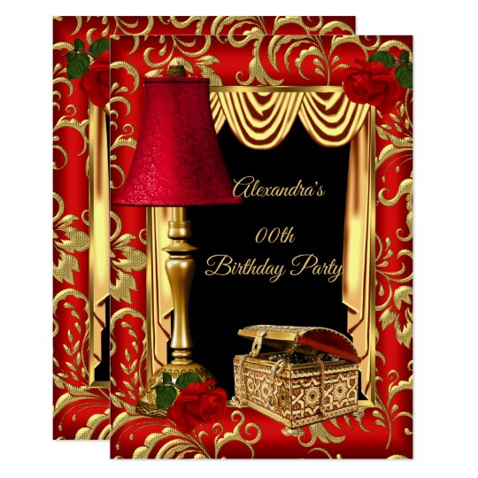 Red Gold Drapes Roses Lamp Box Birthday Party Invitation Zazzle Com