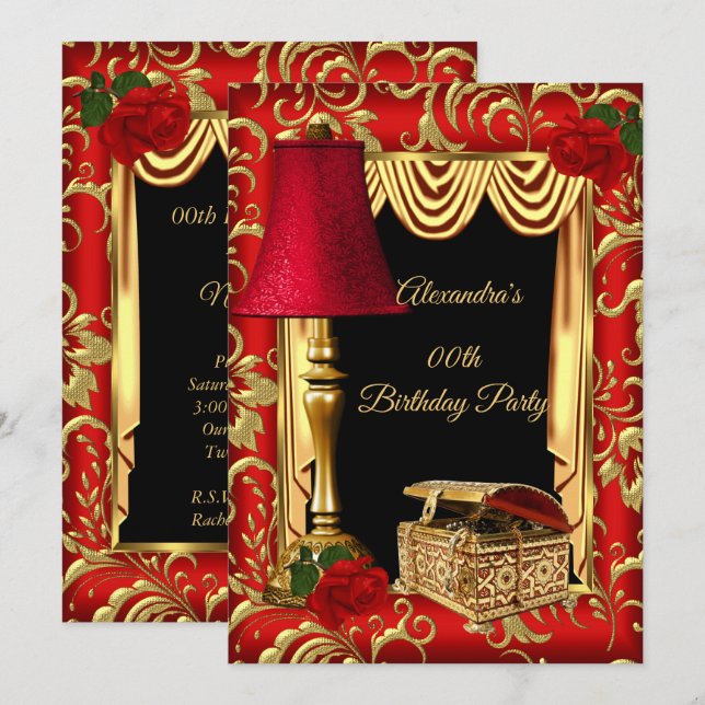 Red Gold Drapes Roses lamp box Birthday Party Invitation (Front/Back)