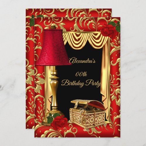 Red Gold Drapes Roses lamp box Birthday Party Invitation