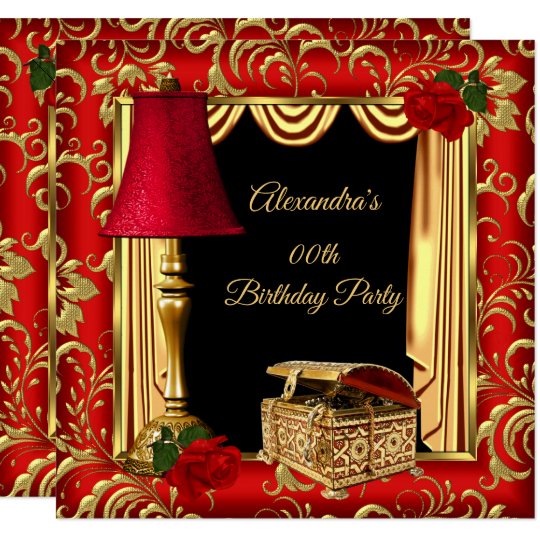 Red Gold Drapes Roses Lamp Jewel Box Birthday Invitation Zazzle Com