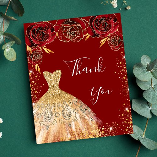 Red gold dress floral birthday thank you flyer