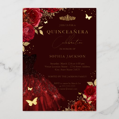 Red Gold Dress Floral Butterfly Quinceanera  Foil Invitation