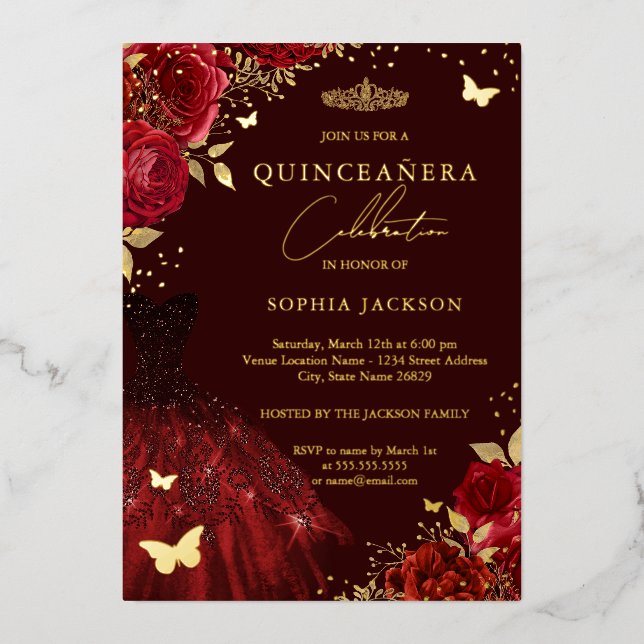 Red Gold Dress Floral Butterfly Quinceanera  Foil Invitation (Front)