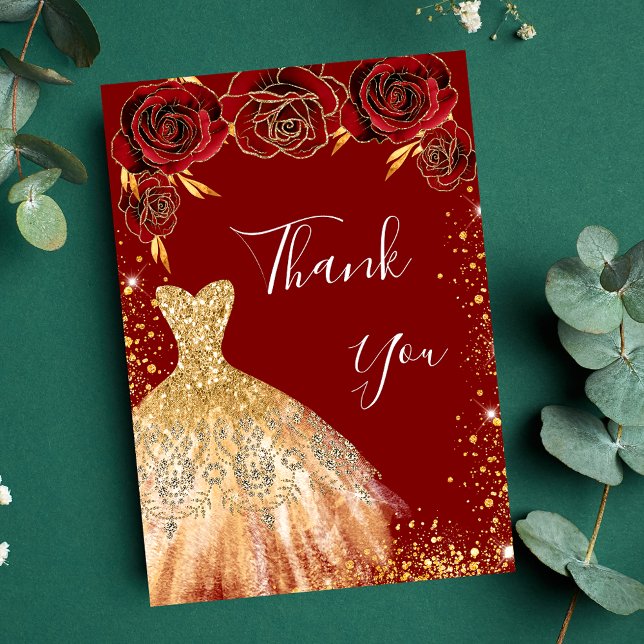 Red gold dress florals glitter birthday thank you card (Creator Uploaded)