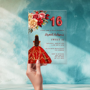 Red gold dress florals roses clear Sweet 16 Acrylic Invitations