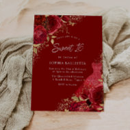 Red & Gold Dress & Roses Sweet 16 Party Invitation