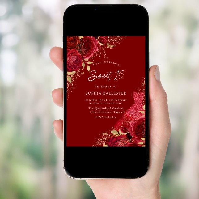 Red & Gold Dress & Roses Sweet 16 Party Invitation (Front Digital)