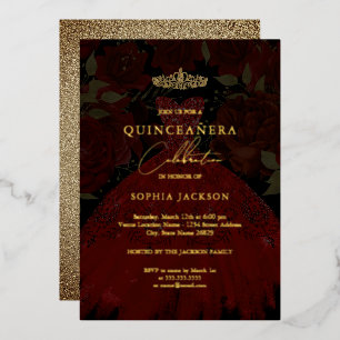 Red Gold Dress Tiara Quinceanera Foil Invitation