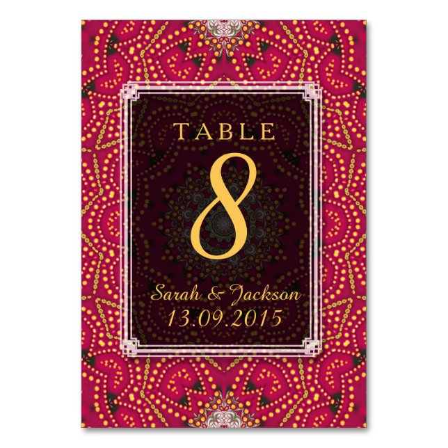 Red+Gold Eastern Indian Wedding Table Number Card (Front)
