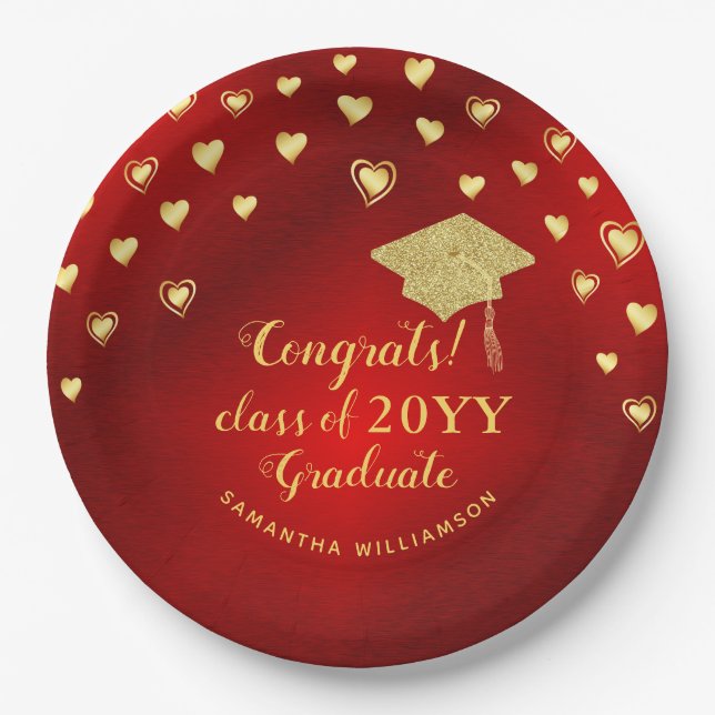 Red Gold Elegant Congrats Class of 2025 Graduate Paper Plates (Front)