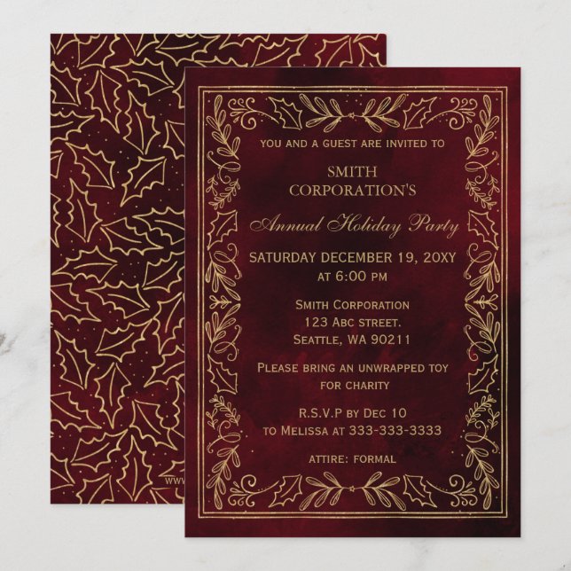 Red Gold Elegant Corporate Holiday Party  Invitation (Front/Back)