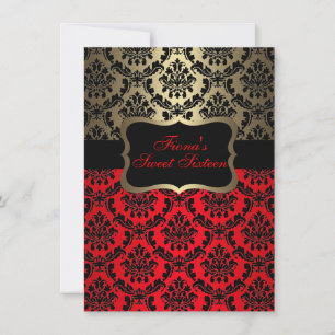 Red & Gold Elegant Damask Birthday Invite