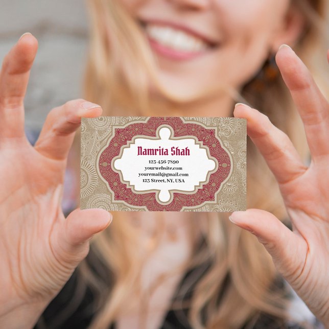 Red Gold Elegant Damask Modern Paisleys Pattern Business Card (Creator Uploaded)