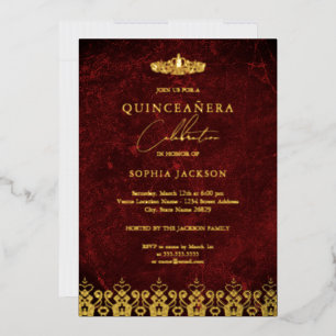 Red Gold Elegant Damask Tiara Quinceanera  Foil Invitation