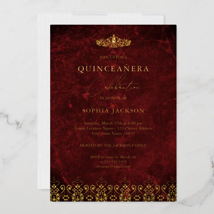 Red Gold Elegant Damask Tiara Quinceanera Foil Invitation Zazzle