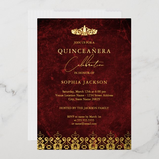 Red Gold Elegant Damask Tiara Quinceanera  Foil Invitation (Envelope)