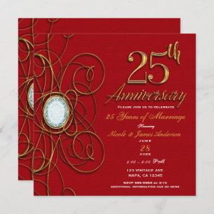 Red & Gold Elegant Diamond 25 25th Anniversary Invitation